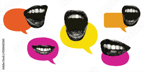 Trendy Halftone Mouths with Speech Bubbles Vector Set, Pop Art Collage Elements for Communication & Expression Design Vibrant Cutout Clipart for Posters, Zines, Social Media, Editorial & Mixed Media