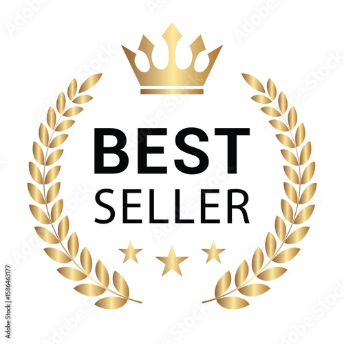 Best seller icon. Golden badge for best selling award 2025 with laurel wreath, crown and stars. Transparent PNG and vector illustration. 