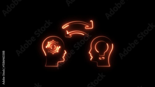 Neon glowing human head profile with internal gear mechanism and lightbulb symbol connected by circular arrows