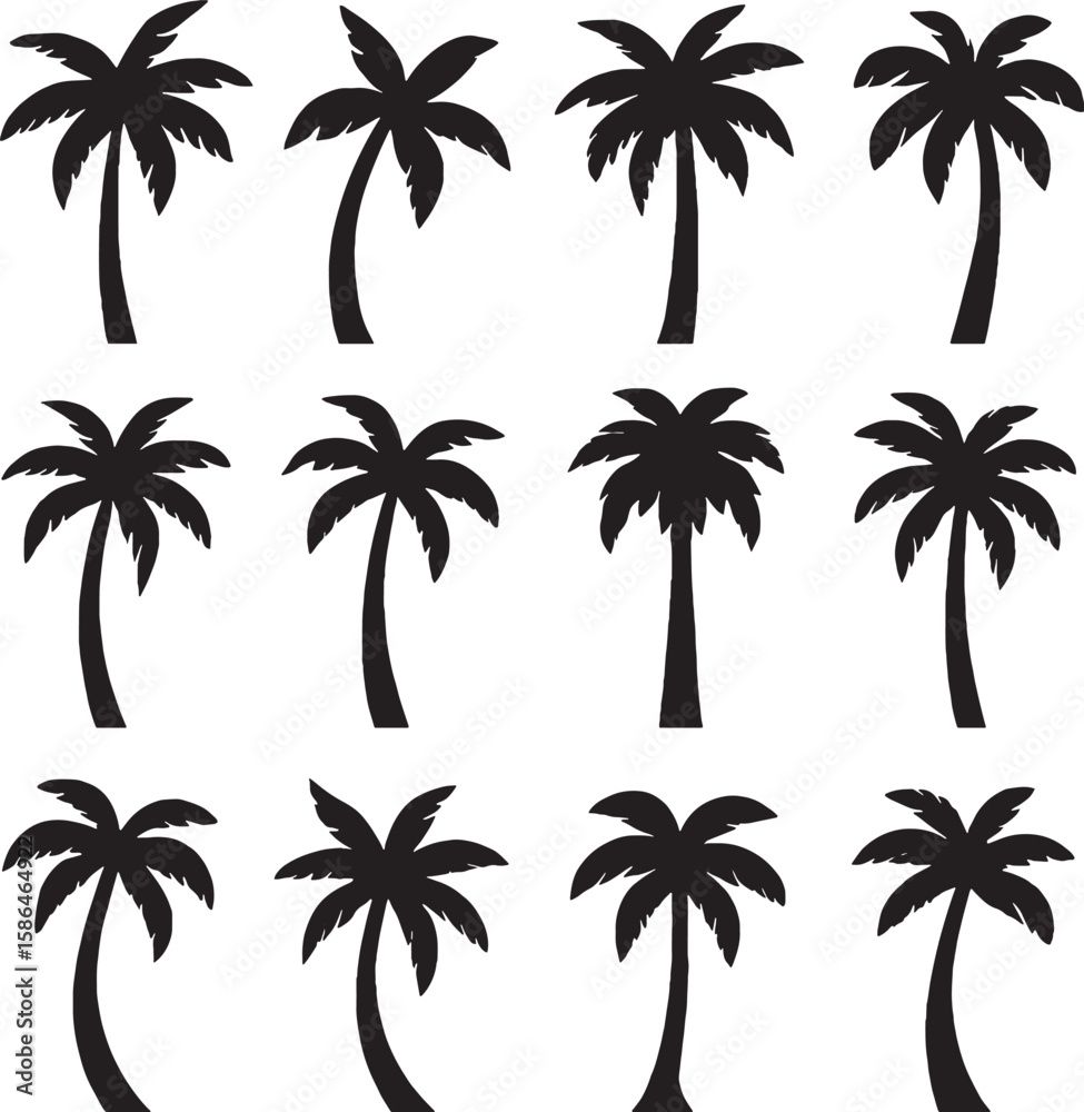 Fototapeta premium Tropical Palm Tree Silhouette Pattern Summer Beach Vacation Theme Graphic Design Element Collection Twelve Black and White Trees