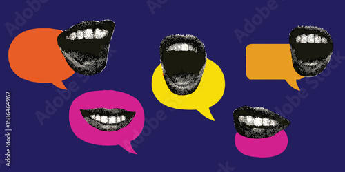 Pop Art Halftone Mouths in Colorful Speech Bubbles, Retro Cutout Vector Set on Bold Background, Vibrant Talking Mouth Clipart for Podcast Art, Stickers, Zines & Communication Designs