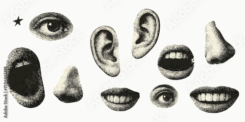 Trendy Halftone Collage of Eyes, Ears, Mouths and Nose, Retro Cut-Out Vector Illustration Set, Vintage Body Part Elements for Zines, Scrapbooks, Posters & Bold Graphic Art