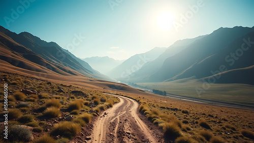 Serene Valley Landscape with Dirt Path and Mountain Range under Bright Sunny Sky