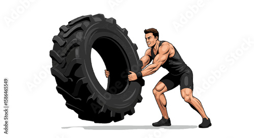 CrossFit man flipping tire, vector minimal shadows