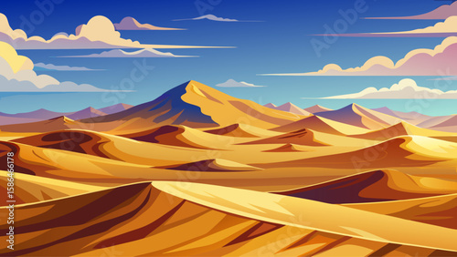 Gobi Desert, Ömnögovi, Mongolia – Rolling sand dunes stretch endlessly beneath a wide sky. Occasional shrubs and  add character to this vast, peaceful landscape for dramatic vector art
