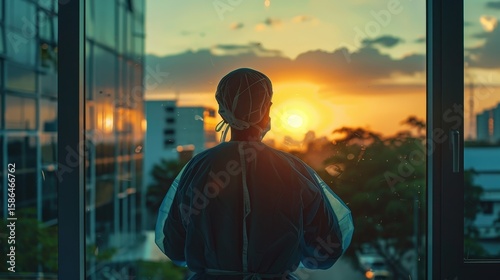 A surgeon in blue scrubs and a cap looks out a hospital window at a golden sunrise. The artistic, painterly style captures a quiet moment of reflection, symbolizing hope and respite