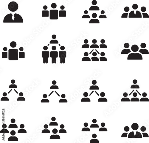 Black Silhouette Icons Depicting People Groups and Organizational Structures.