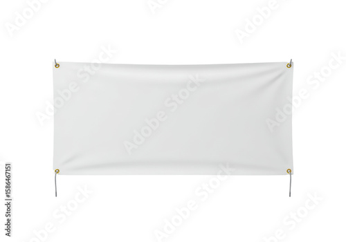 A blank, transparent rectangular vinyl banner stretched taut with subtle wrinkles, grey ropes, and golden yellow grommets, isolated on an immaculate clean white studio background with no shadows