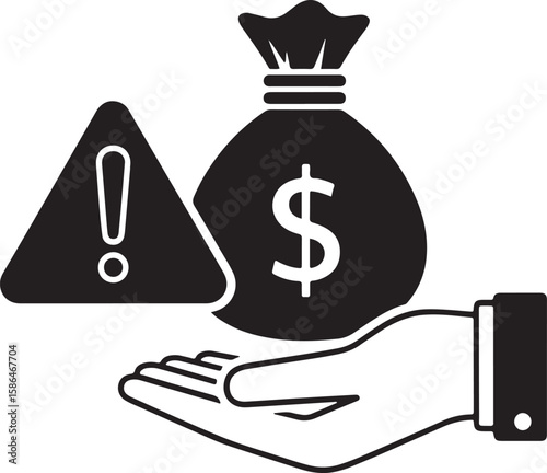 Hand Holding Money Bag with Warning Sign Icon.