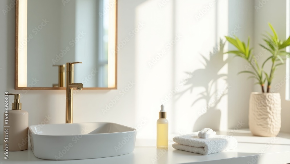 Fototapeta premium Sunlit Minimalist Bathroom Counter with Skincare Bottles and Clean Towels – Modern Lifestyle Interior