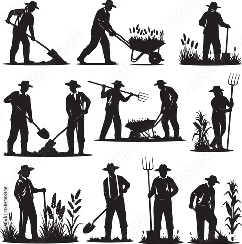 Silhouetted Farmers Working with Tools and Crops in Various Poses.