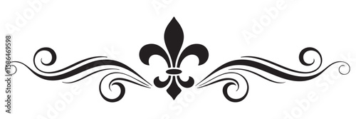 Elegant Fleur de Lis Border Design with Swirls in Black on Transparent Background