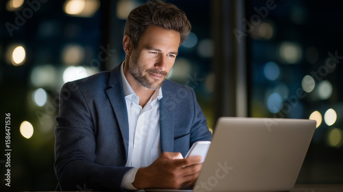 Businessman checking email alerts on smartphone while using laptop