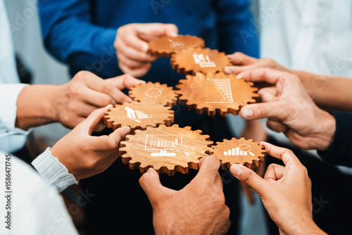 Collaborative Business Analytics: Teamwork Concept with Wooden Gears Illustrating Data Analysis, Strategies, Growth, and Technology Integration. Amity