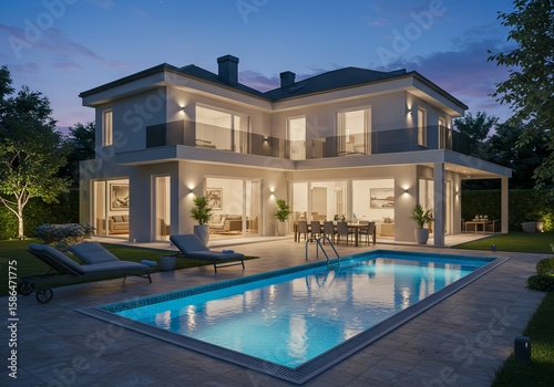 Modern luxury home with illuminated pool and outdoor living space