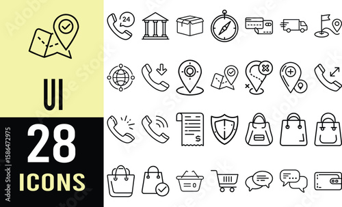 Versatile Collection of Line Icons: Shopping, Location, Communication, and Security Symbols