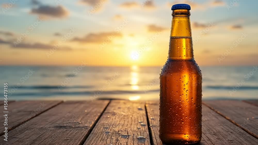 Golden beer bottle stands serenely on wooden planks overlooking a tranquil ocean sunset radiating warmth and peaceful relaxation