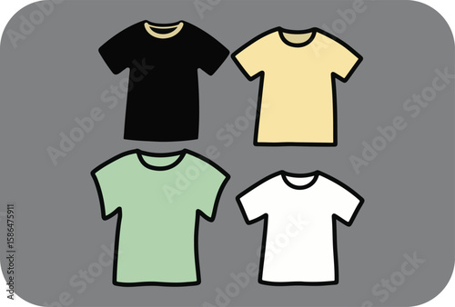 Four simple cartoon t shirts in black pale yellow light green and white displayed on a grey background with rounded corners representing a collection of basic apparel