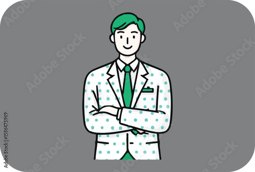 A friendly doctor wearing a white lab coat with teal polka dots and a green tie stands with his arms crossed smiling confidently against a muted gray background