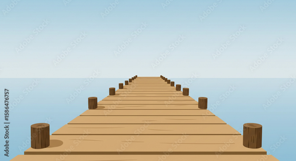 Obraz premium A wooden pier stretching into the calm ocean under a clear blue sky background