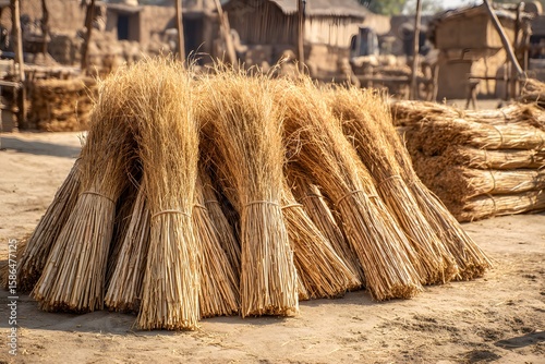 Clay house with golden rice straw bundles high resolution picture
