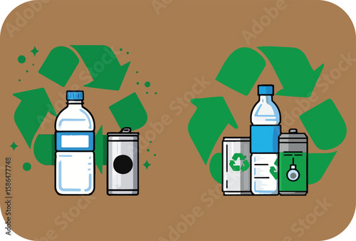 Two sets of recyclable materials a plastic water bottle and aluminum cans are displayed against a brown background with green recycling symbols and sparkling elements
