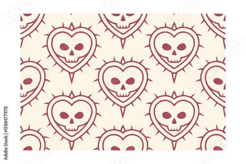 Repeating pattern burgundy skulls inside heart shapes with thorns on a cream vector