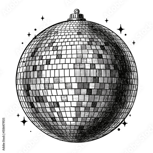Vintage Ink Sketch Disco Ball, Symbol of Celebration and Party – Hand Drawn black and white illustration, Engraving Style vector SVG
