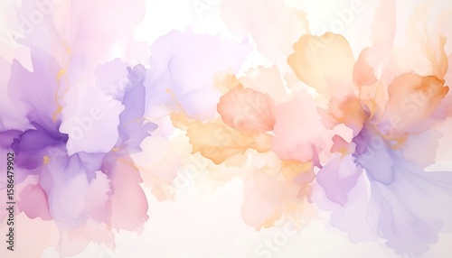Delicate, flowing abstract shapes in soft pastel hues.  Blending of lavender, peach, and gold tones against a white background