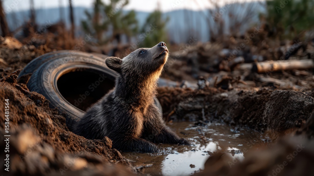 Young bear cub sits in muddy water surrounded by debris and an old tire, highlighting the impact of human waste on wildlife. Young bear cub sits in muddy water surrounded by debris and an old tire, highlighting the impact of human waste on wildlife.