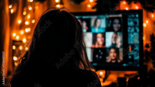 Woman watching a video call at home with warm lighting