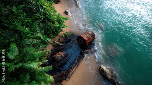 Rusty barrel leaking black oil onto sandy beach and into ocean, polluting coastline and threatening surrounding jungle ecosystem.