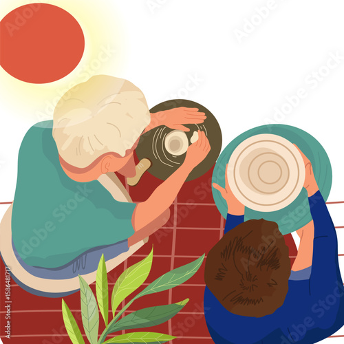 Pottery composition in flat design. Hand drawn vector illustration .