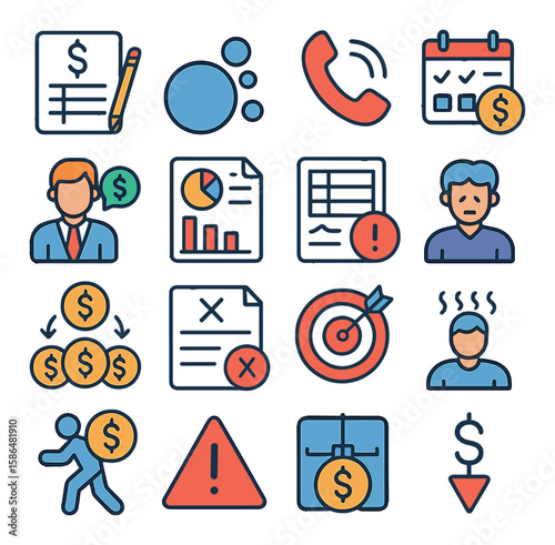 Debt management icon collection: linear financial tools, charts, warning, money, calendar