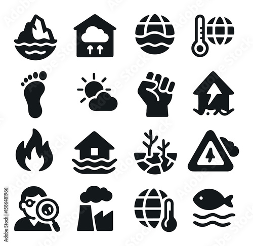 Climate change icon collection. environment silhouette symbols. earth, flood, fire, temperature, footprint, global warming