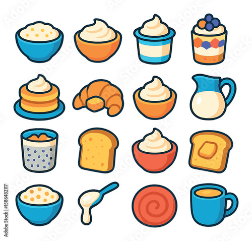 Breakfast icon collection: simple morning foods, coffee, toast, croissant, flat
