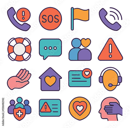 Crisis support icon collection. emergency, help, communication, safety, linear, hotline, aid