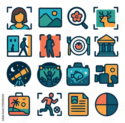 Photography genre icon collection. simple compose linear set: portrait, landscape, wildlife, night, travel, food, event, architecture
