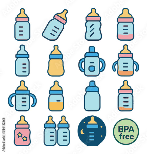 Modern baby bottle icon collection: simple baby feeding silhouette sippy cup, bpa-free