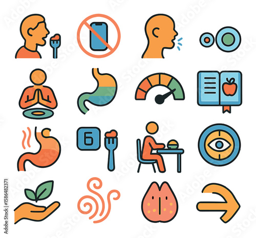 Mindful eating icon collection. simple linear wellness, nutrition, focus, meditation, awareness, digestive, health, balance,