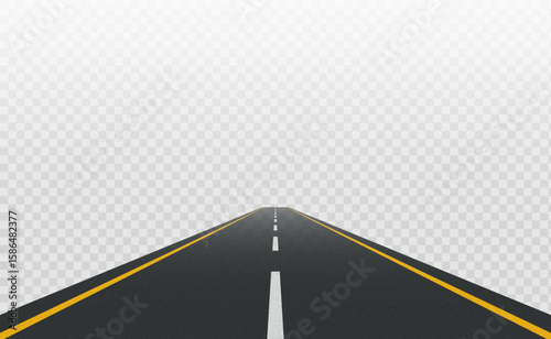 White and yellow lines on tarmac road. Perspective view of road going far away. Highway traffic road with marking stretching into distance. Background of asphalt surface. Roadway. Vector illustration