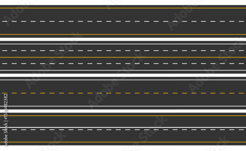 White and yellow lines on tarmac road top view. Highway traffic road. Background of asphalt surface. Roadway, straight urban driveway. Vector illustration