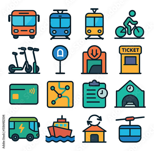 Modern transport icon collection. simple transport symbols: bus, tram, bicycle, ticket, map, boat, cable car
