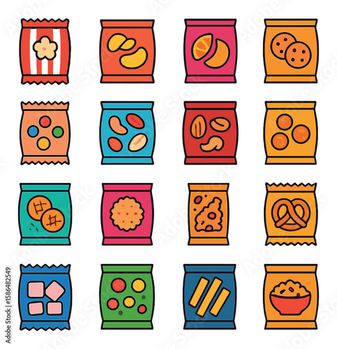 Colorful snack icon collection. flat style chips, pretzel, popcorn, nuts, candy, cookies