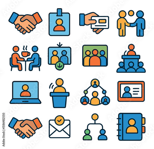 Modern networking icon collection. simple business, meeting, communication, team, badge flat
