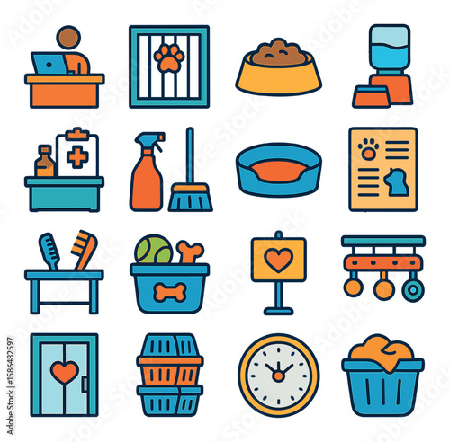 Animal shelter icon collection. pet care, kennel, adoption, feeding, hygiene
