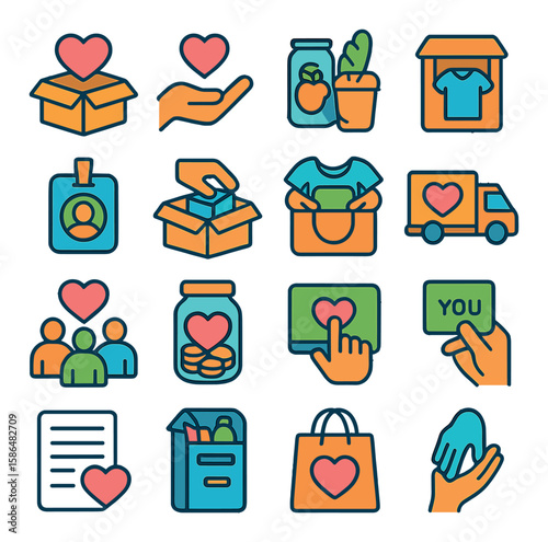 Charity icon collection. donation, volunteer, heart, box, hand, clothes, food, simple linear