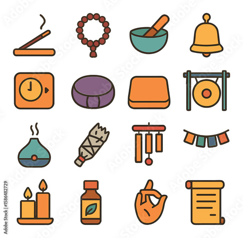 Meditation tools icon collection. simple style: incense, mala, singing bowl, bell, timer, cushion, mat, gong, diffuser, smudge stick, chime, banner, candles, oil, mudra, scroll