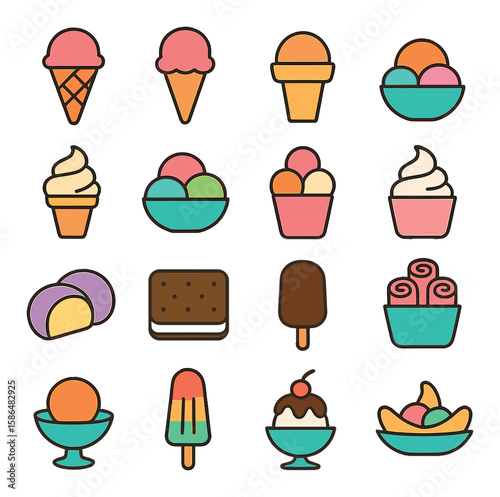 Ice cream icon collection. simple dessert icons: ice cream, cone, sundae, popsicle, banana split