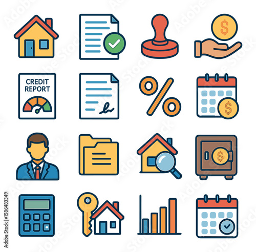 Mortgage icon collection. essential lending flat icons: house, contract, hand, percent, file, key, graph